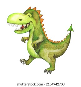 Cartoon watercolour green dinosaur. Funny tyrannosaurus smile. Trace image.