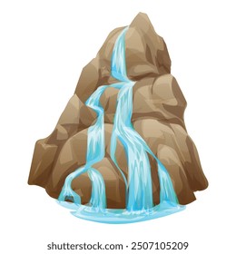 Cartoon waterfall cascading down a rock face, creating a small pond at the bottom