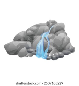 Cartoon waterfall cascading over rocks, creating a small pond at the bottom