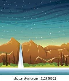 Cartoon waterfall with forest and calm lake at the night starry sky. Wild nature vector landscape. Summer illustration.