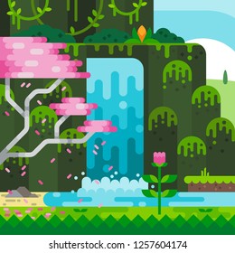 Cartoon Waterfall in The Forest. Flat Illustration.