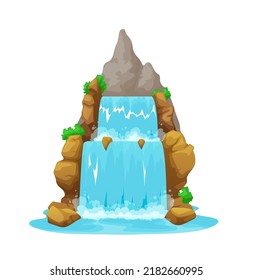 Cartoon waterfall, isolated mountain water cascade. Tropical island waterfall, clean stream travel landscape or game asset. Mountain river blue aqua flow cascade environment scene vector background