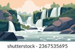 Cartoon Waterfall Landscape Background Card Poster Flat Design Nature Scene Adventure Travel. illustration