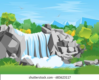 Cartoon Waterfall Landscape Background Flat Design Nature Scene Adventure Travel. Vector illustration