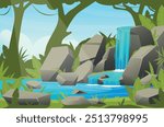 Cartoon waterfall landscape. Jungle background with river cascade flows down rocks. Natural area. Water flowing in mountains. Creek streams. Scenic panorama. Vector