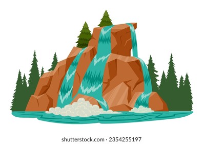 Cartoon waterfall landscape. Wild nature streaming water cascade, river streams waterfall with mountains and trees. Mountain river waterfall flat vector illustration