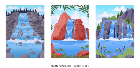 Cartoon waterfall landscapes. River waterfall with rocks and trees, streaming water cascade posters flat vector illustration set. Wild nature waterfall design