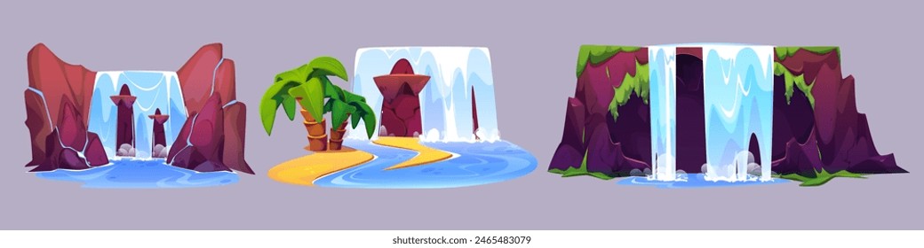 Cartoon waterfall on rocky cliff mountain with green grass and moss, palm trees on sandy shore. Vector set of river and lake elements for creation of summer landscape. Water falling from stone.
