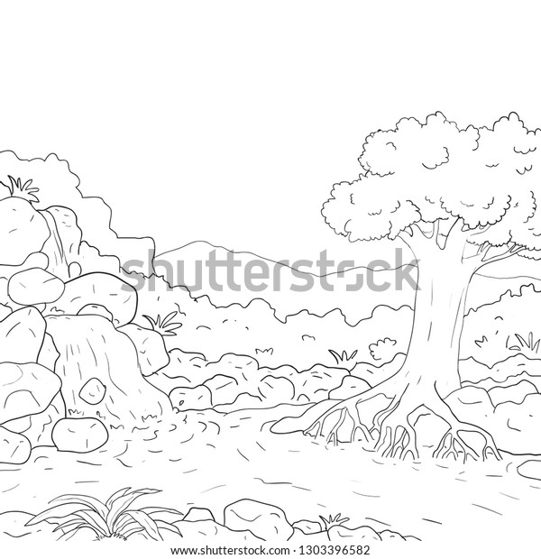 Cartoon Waterfall Picture Outline Vector Drawn Stock Vector (Royalty ...