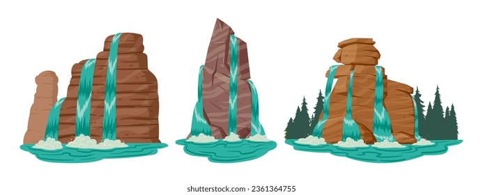 Cartoon waterfall set. Streaming water cascades, mountain river waterfall landscape flat vector illustration collection. Wild nature waterfalls