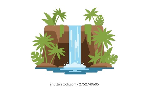 A cartoon waterfall surrounded by palm trees on a rocky cliff isolated on white background, Vector, illustration