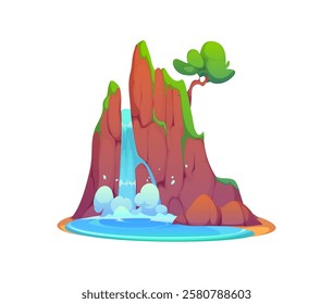 Cartoon waterfall, tropical forest water cascade. Jungle forest river scene videogame asset, park waterfall isolated vector arcade level element or rainforest water creek environment game background