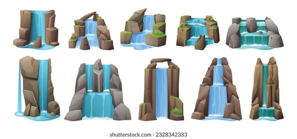 Cartoon waterfall. Cartoon water cascade icons, tropical nature landscape scenery river falls from hill with splashes. Vector isolated set. Outdoor wildlife, beautiful nature scene