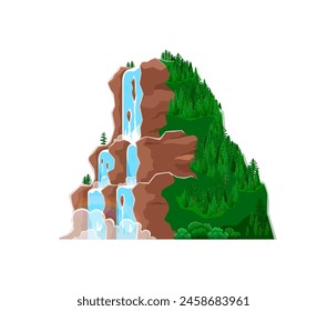 Cartoon waterfall and water cascade. Isolated vector rocky hill with falling flow and lush green vegetation. Natural environment or park landscape. Splashing water stream falling from the high rock