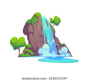 Cascada de agua de cascada de dibujos animados. Entorno natural de Vector aislado o ubicación del parque. Salpicar la corriente de agua o chorro que cae por la roca o el acantilado con árboles verdes y vegetación. Colina con cascada