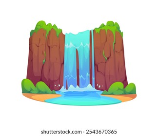 Cascada de agua de cascada de dibujos animados. Vector aislado colina rocosa con flujo descendente y exuberante vegetación verde. Entorno natural o paisaje del parque. Salpicando la corriente de agua que cae de la roca alta