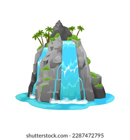 Cartoon waterfall or water cascade jungle nature landscape. Vector falling streams of water fall or mountain river, tropical island stone hill or rock cliff with waterfall, palm trees, exotic plants