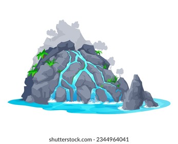 Cartoon waterfall and water cascade of river on mountain rock, vector water stream lake, vector nature scene. Waterfall cascade streams flowing from hill or cliff in jungle island with palm trees