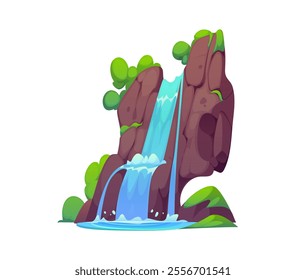 Cartoon waterfall and water cascade of river falling from mountain rock, vector nature scene. Waterfall stream or mountain river with falling water splash from hill with green amazon forest trees