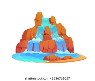 Cartoon Wasserfall, Wasserkaskade. Vektor spritzende Bäche und Strahlen von blauem Wasser fallen von einer braunen Klippe oder Canyon Felsen. Isolierte Strömungskaskadierung in natürlicher Umgebung oder Park