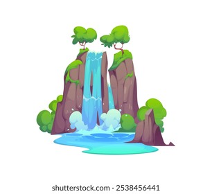 Cascada de agua de cascada de dibujos animados. Vector ambiente natural o decoración del parque, ubicación del juego. Salpicar la corriente de agua o chorro que cae de la roca con árboles verdes. Colina aislada con flujo descendente