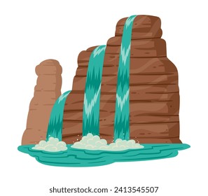 Caída de caricatura. Naturaleza silvestre en cascada de agua, cascada con montañas y árboles de ilustración vectorial plana. Cuenca de ríos de montaña natural