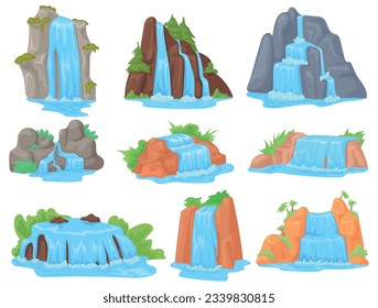 Cartoon waterfalls. Natural scenic waterfall with water streams falls from cliff or mountain river cascade for travel tourist vacation in tropical jungle, vector illustration of waterfall landscape