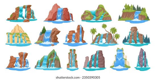 Cascadas de dibujos animados. Los arroyos fluviales cubren el paisaje de las cascadas con montañas y árboles, la naturaleza silvestre de la cascada de agua de la cascada e ilustración vectorial plana. Colección de cascadas de ríos de montaña