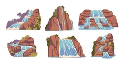 Cartoon Waterfalls And Water Cascades Vector Set. Game Assets, Falling Streams, Pure Liquid Jets. River Fall From Rock