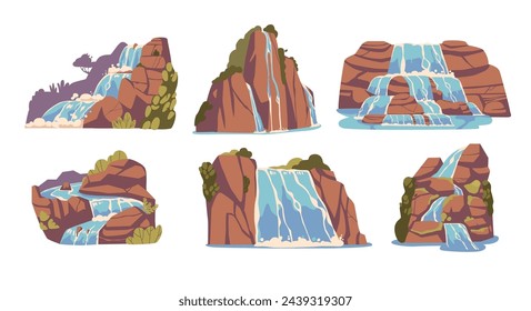 Cartoon Waterfalls And Water Cascades Vector Set. Game Assets, Falling Streams, Pure Liquid Jets. River Fall From Rock