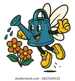 Cartoon watering can with fairy wings sprinkling water on orange flowers, lively expression, ideal for gardening, eco-friendly themes, merchandise, and educational content.