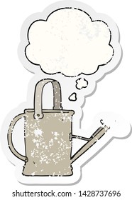 cartoon watering can with thought bubble as a distressed worn sticker