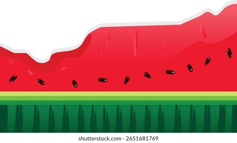 Cartoon watermelon background with pulp, black seeds, and a striped rind pattern. Vector illustration