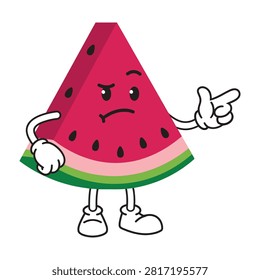 A cartoon watermelon character with an angry expression pointing finger at viewer