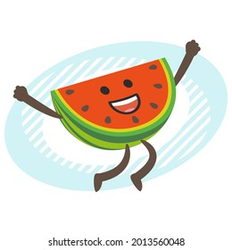 Cartoon Watermelon Character joyfully jumping. Vector Illustration.