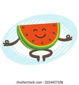 Cartoon Watermelon Character in a meditative pose. Vector Illustration.