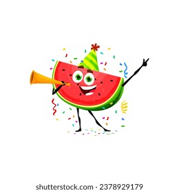 Caricatura del personaje de la sandía en las vacaciones de cumpleaños. Celebración de las fiestas infantiles comida jugosa lindo personaje, cumpleaños infantil o fruta de fiesta infantil aislado vector personaje infantil o mascota de sandía