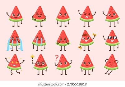 Cartoon Watermelon Conjunto de Caracteres com Diferentes Emoções Ilustração Vetor