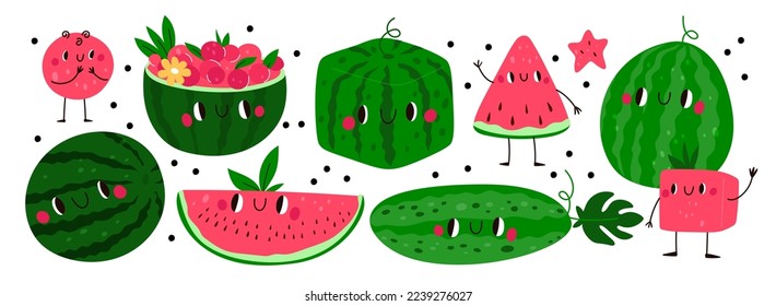 Cartoon watermelon characters. Funny desserts with arms and legs. Cute smiling faces. Juicy sweet fruit. Happy mascots. Comic emotional berries. Tropical fresh food