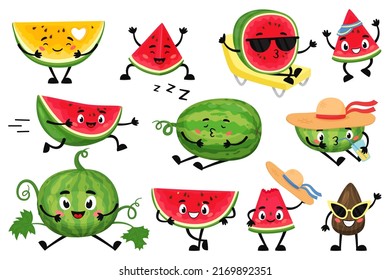 Cartoon watermelon characters. Funny juicy fruit with cute faces, hands and feet, smiling summer berries, happy emotions. Whole, pieces and slices food, mascot recent vector isolated set