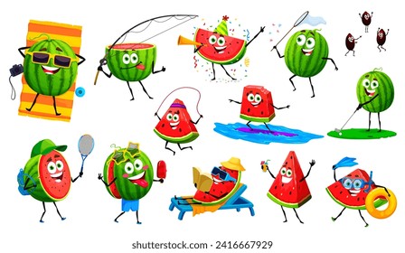 Cartoon watermelon characters on summer vacation, vector fruit food personages. Funny cute slices and seeds of watermelon fruit having fun at sea beach with sunglasses, surfing board and cocktails