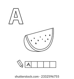 Cartoon watermelon coloring pages. Learning game for small children - write a word in Russian language. Vector alphabet for kids