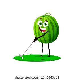 Cartoon watermelon cute character playing golf. Juicy watermelon cheerful mascot with golf club on green course, summer food comical vector personage or ripe fruit cute character on summer vacation