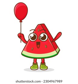 Cartoon of watermelon fruit holding a balloon , character design