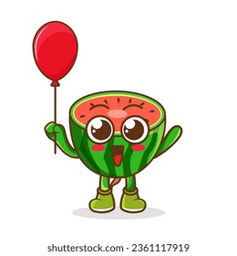Cartoon of watermelon fruit holding a balloon , character design