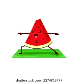 Cartoon watermelon fruit slice character on yoga class. Vector funny smiling personage stand on mat with outspread arms striving for mental and physical harmony during zen, wellness or yogi practice