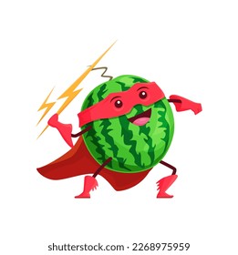 Cartoon Wassermelon Fruchtsuperhero-Charakter. Vektor Super-Helden-Persönlichkeit in rotem Umhang und Maske werfen Blitze. Funny fröhliches, gesundes Essen, mutige Pflanze mit Flash-Kampf und die Gesundheit verteidigen