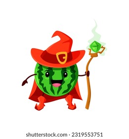 Cartoon watermelon fruit wizard or magician character. Vector smiling necromancer personage with magic staff. Funny wiz wear red hat and cape. Cute sorcerer garden fruit, healthy food mage, fascinator