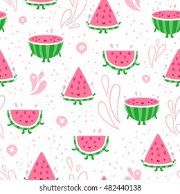 Cartoon watermelon funny characters and pink abstract doodles, summer vibes vector seamless pattern