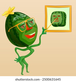 Cartoon watermelon with glasses holding pointer in his hand. Vector illustration of cartoon watermelon character with glasses holding pointer in his hand, pointing at picture.